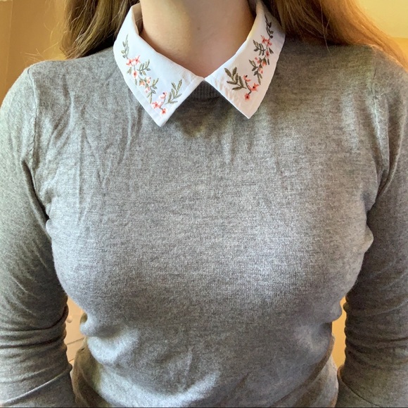 Forever21 Floral Embroidered Collared Grey Sweater - Picture 3 of 4